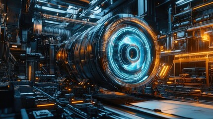 Poster - A holographic engine rotating in a high-tech factory, surrounded by intricate details and illuminated by vibrant, futuristic lights, symbolizing technological innovation.