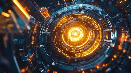 Poster - A holographic engine rotating in a high-tech factory, surrounded by intricate details and illuminated by vibrant, futuristic lights, symbolizing technological innovation.