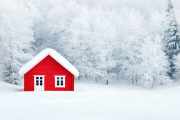 Canvas Print - Red Cabin in Winter Wonderland Surrounded by Snow Covered Trees