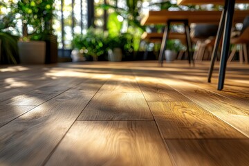 Poster - Warm sunlight on wooden floor with blurred green plants and table legs in background creating a cozy indoor atmosphere and inviting sense of natural light