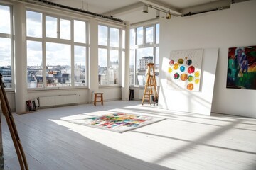 Bright and spacious artist studio filled with natural light featuring colorful abstract art and city view from large windows