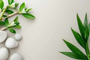 Aufkleber - Serene spa scene with smooth stones green bamboo leaves and white flowers on a neutral background for wellness and relaxation