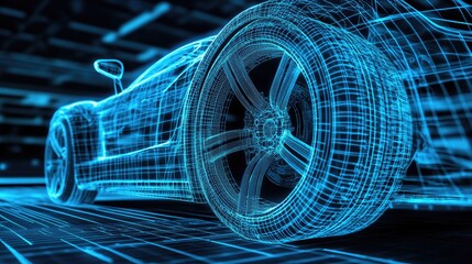 Poster - A modern automotive blueprint with a holographic projection of a wireframe tire and other parts, symbolizing innovation in car design and engineering.