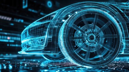 Poster - A modern automotive blueprint with a holographic projection of a wireframe tire and other parts, symbolizing innovation in car design and engineering.