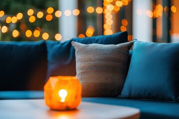 Aufkleber - Cozy evening ambiance with soft blue cushions glowing candle and blurred lights creating a warm and inviting atmosphere for relaxation and comfort
