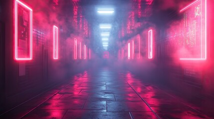 Poster - retro futuristic cyberpunk sci fi background with neon lights and grids