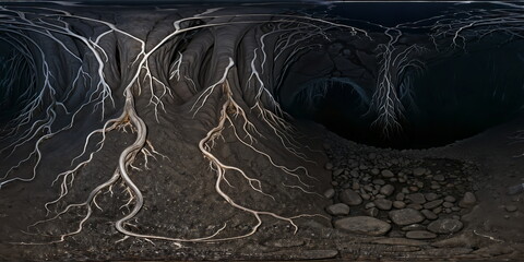 Wall Mural - Full 360 degrees seamless spherical panorama HDRI equirectangular projection of colossal subterranean cavern. Texture environment map for lighting and reflection source rendering 3d scenes.