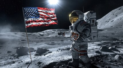 Wall Mural - a colorful space illustration capturing the moment an astronaut secures the united states flag into 