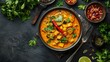 © OTaone - A bowl of spicy mixed vegetable curry with red chili oil floating on top, giving it an extra fiery look.