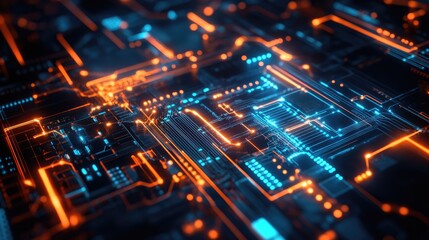 Poster - A vibrant futuristic circuit board with glowing connections and digital elements, reflecting the cutting-edge development in technology and innovation.