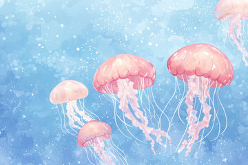 Floating jellyfish in serene blue ocean, creating tranquil atmosphere, watercolor illustration Style.