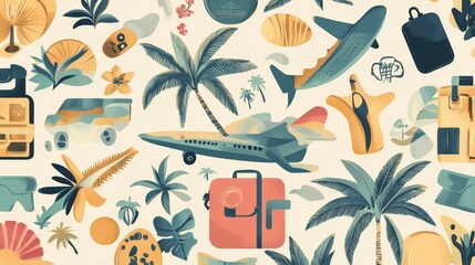 whimsical travel collage pattern, adventure essentials sticker pack, tropical elements, contemporary flat illustration, muted color scheme, seamless repeat design, professional vector art