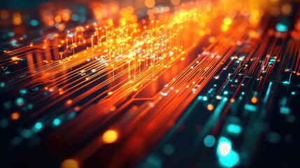 Poster - Fiber optic cables glowing as data travels across a modern circuit board, showcasing the rapid advancement of technology and high-speed communication.