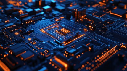 Poster - Glowing digital elements on a futuristic circuit board, highlighting the intricate design and technological advancements in modern electronics.