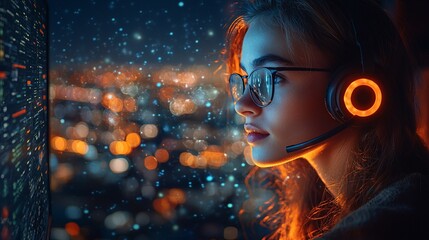 Woman coder, night city view, code screen, headphone