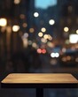 © grey - Blurred background of a night street with bokeh lights and an empty wooden table for product display in an urban city at evening