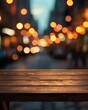 © grey - Blurred background of a night street with bokeh lights and an empty wooden table for product display in an urban city at evening