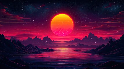 Poster - sunset synthwave vivid colors pure black background t shirt design generative ai