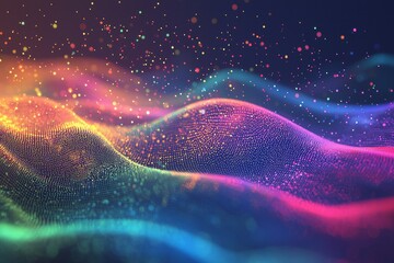 Wall Mural - dark background, colorful ribbon-like waves on top with small bubbles in between