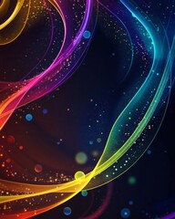Wall Mural - dark background, colorful ribbon-like waves on top with small bubbles in between