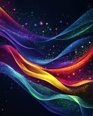 Wall Mural - dark background, colorful ribbon-like waves on top with small bubbles in between