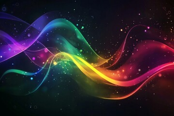 Wall Mural - dark background, colorful ribbon-like waves on top with small bubbles in between