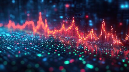 Wall Mural - uptrend stock market chart with green and red candlesticks on dark blue background highlighting fina