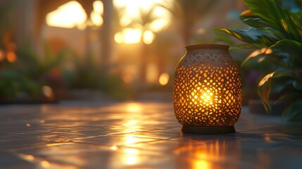 Poster - Ornate lantern glows at sunset in a Moroccan garden