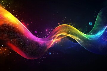 Wall Mural - dark background, colorful ribbon-like waves on top with small bubbles in between