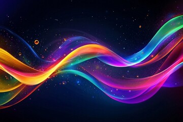 Wall Mural - dark background, colorful ribbon-like waves on top with small bubbles in between