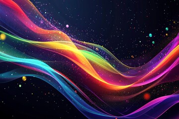 Wall Mural - dark background, colorful ribbon-like waves on top with small bubbles in between