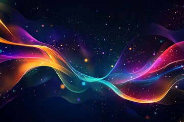 Wall Mural - dark background, colorful ribbon-like waves on top with small bubbles in between