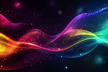 Wall Mural - dark background, colorful ribbon-like waves on top with small bubbles in between