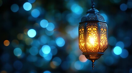 Poster - Ornate lantern, hanging, illuminated, bokeh background