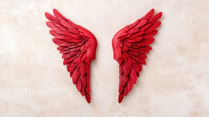 Poster - Vibrant Red Decorative Wings Artwork on Neutral Wall Background