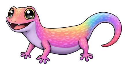 Wall Mural - Colorful cartoon gecko with a joyful expression, set against a plain background, ideal for children's media