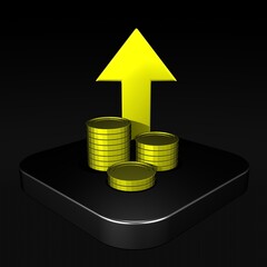 Wall Mural - Financial Ascent: A golden arrow points upward above stacks of coins, symbolizing financial growth and prosperity, set against a sleek, modern backdrop, conveying concepts of investment, profit.