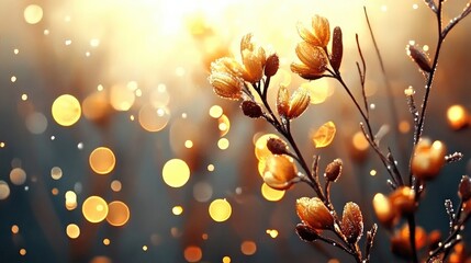 Aufkleber - Golden Blossoms Glimmering in Soft Light with Dew Drops Sparkling