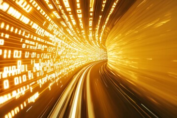 Wall Mural - high-speed data tunnel with glowing lines and binary code, symbolizing the fast-paced nature of tech