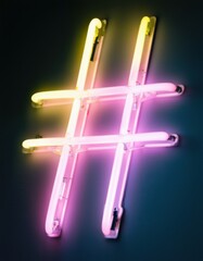 Aufkleber - Neon hashtag symbol glowing in pink and yellow tones, mounted on a dark wall, radiating vibrant light, representing social media, digital trends, engagement, and connectivity
