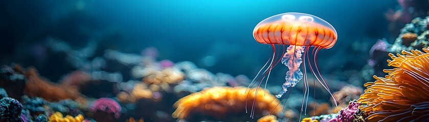 Wall Mural - Mesmerizing Coral Reef Teeming with Glowing Jellyfish and Vibrant Marine Life