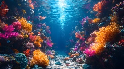 Wall Mural - Glowing Coral Reef Underwater Cave Teeming with Vibrant Marine Life