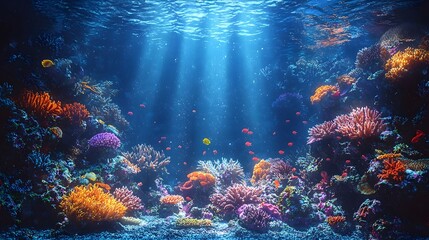 Wall Mural - Vibrant Underwater Reef Illuminated by Glowing Light Beams Showcasing Intricate Coral Formations and Colorful Marine Life