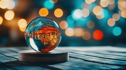Poster - Crystal Ball on Wooden Surface with Colorful Bokeh Background