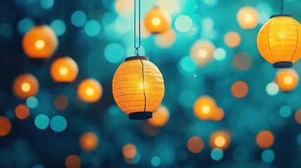 Poster - Beautiful orange lanterns illuminated against a blurred blue background