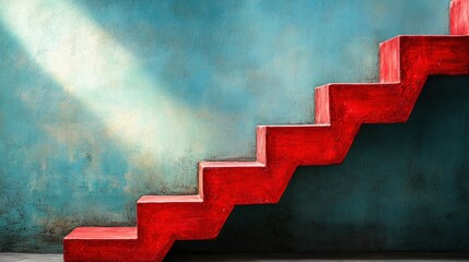 Poster - Bright Red Stairs Against a Blue Grunge Wall with Soft Shadow Light