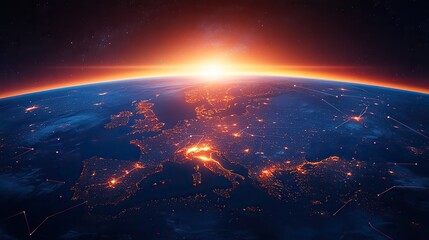 Poster - worldwide global connectivity and communication network concept satellite view of earth with digital