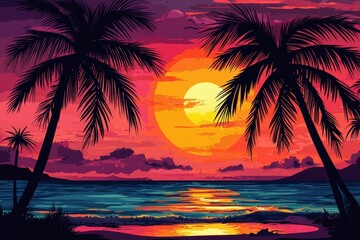 Wall Mural - Dark palm trees silhouettes on colorful tropical ocean sunset landscape