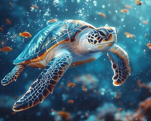 Wall Mural - Majestic Sea Turtle Swimming Over Colorful Coral Reef Teeming with Marine Life