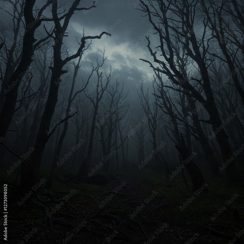 A dark and eerie forest with twisted, leafless trees shrouded in thick ...